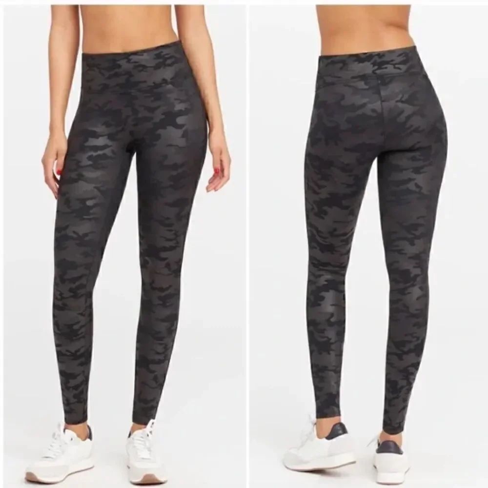SPANX Faux Leather Camo Leggings in Matte Black Camo